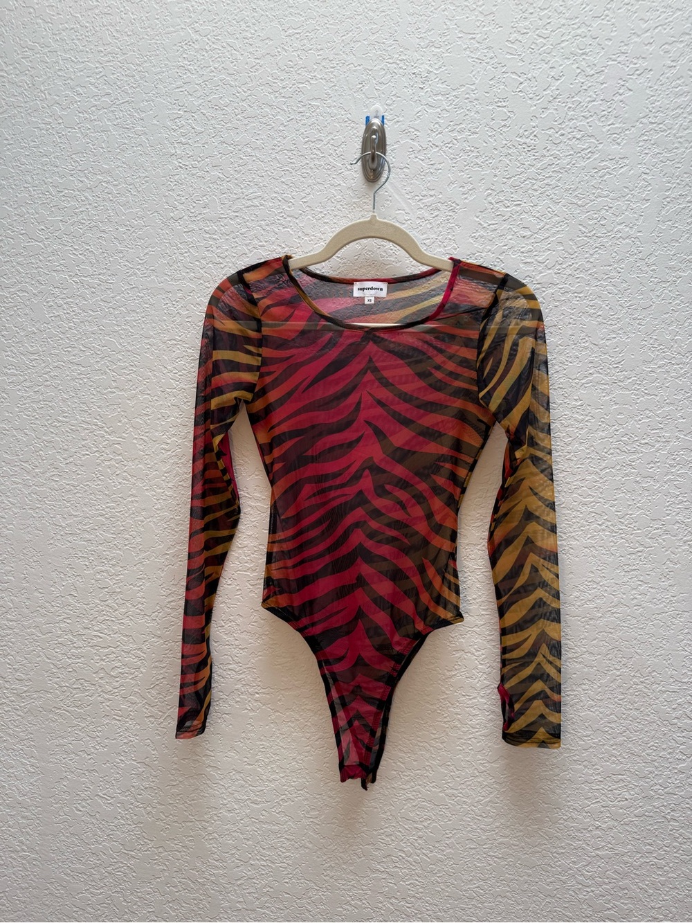 superdown Red, Black & Gold Zebra-Print Mesh Bodysuit